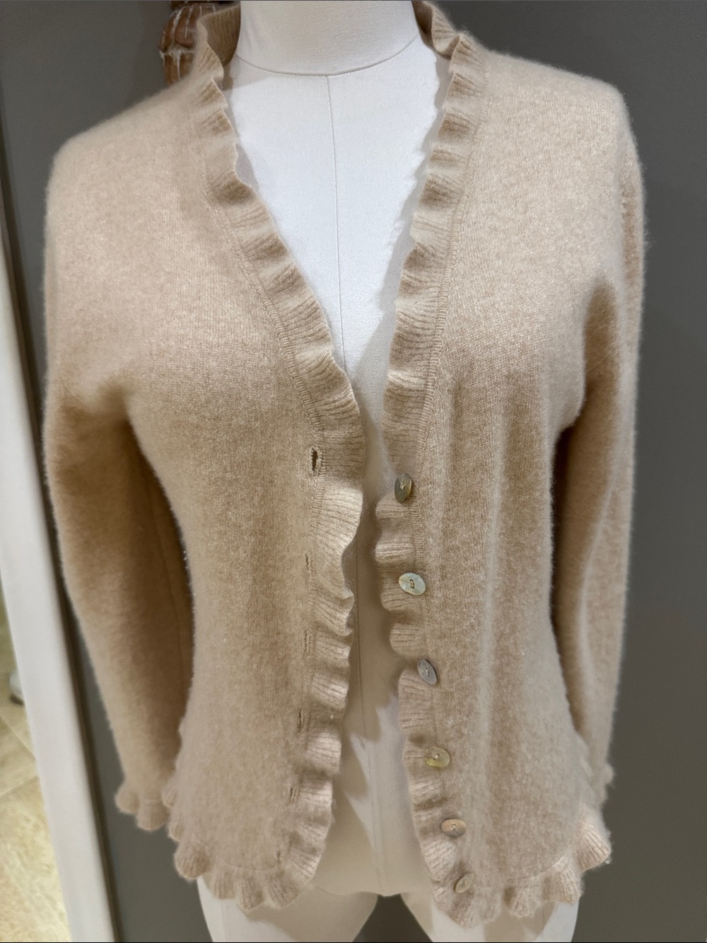 Ruffle-Edge Cream Cashmere Cardigan Sweater